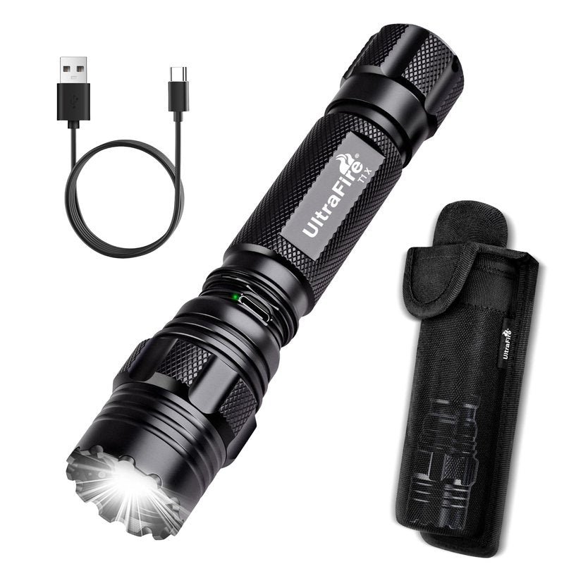 ULTRAFIRE Rechargeable Tactical Flashlight with Holster, Hidden C Port and 3 Modes, 1200 Lumens LED Police Flashlight for Emergency, Law Enforcement, Security and Duty Belt