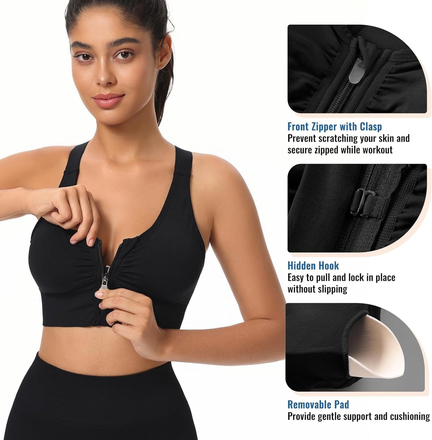 Adjustable Zip Front Sports Bra for Women | Medium Support, Padded, Racerback Design, Seamless Yoga Athletic Bra