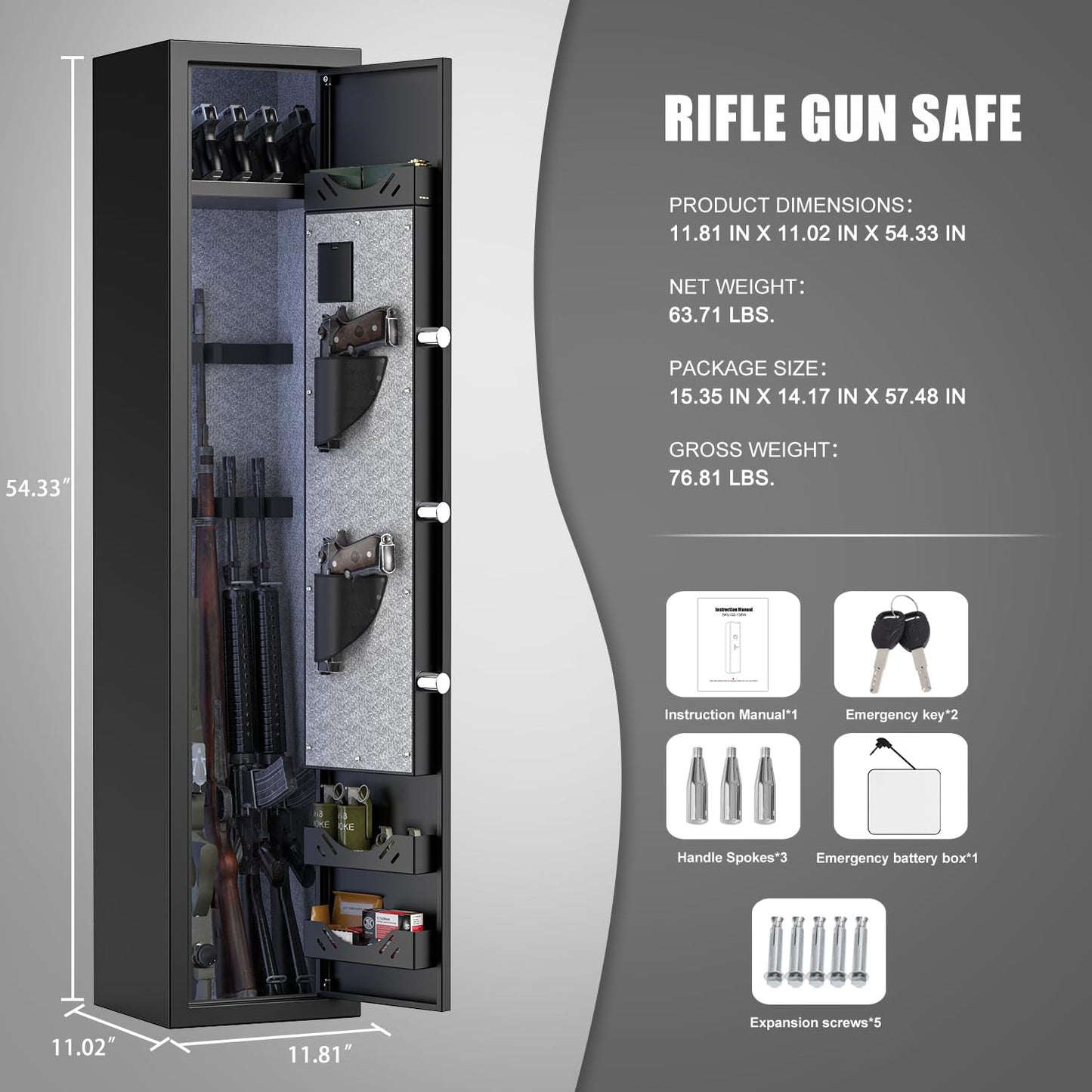 Omethey Fireproof Gun Safe, Heavy Rifle Gun Safe with LCD Screen Keypad and Silent Mode, Gun Safe for Home Rifle and Pistols with 3 Adjustable Gun Slots