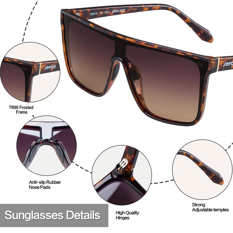Jefoo Polarized Square Sunglasses for Women Men Oversized Fashion Siamese Lens Style Flat Top Shield Shades UV Protection
