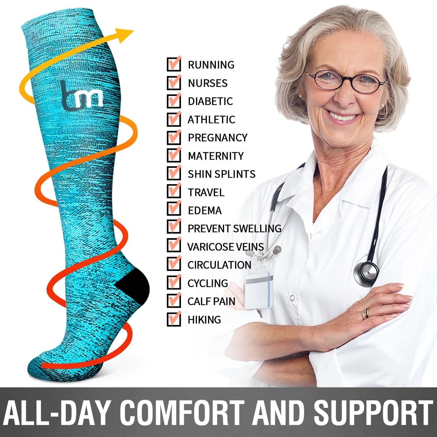 Bluemaple 6 Pack Copper Compression Socks for Women and Men Circulation-Best Support for Medical, Running,Nursing,Athletic