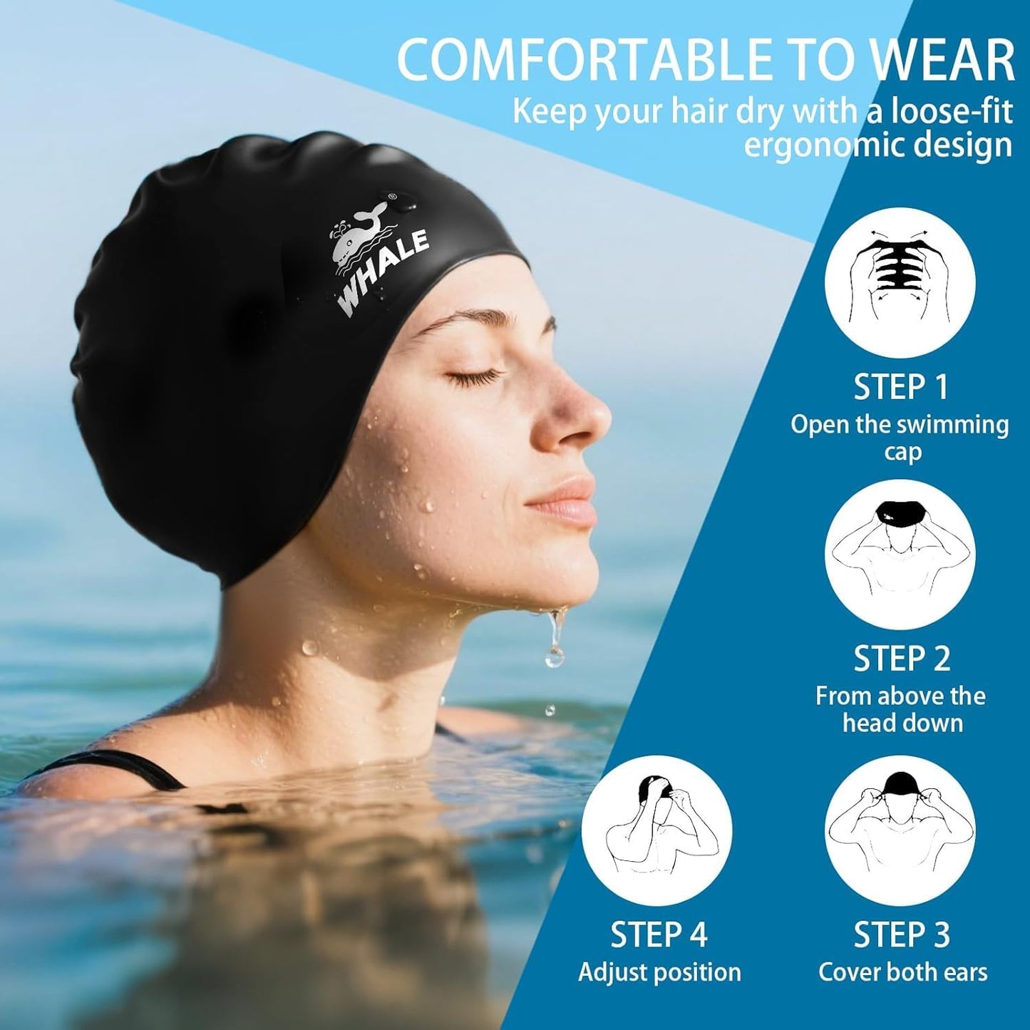 Extra Large Swim Cap - Durable Silicone with Ear Protection | Unisex Cap for Long, Thick, Curly Hair, Dreadlocks, Braids, Afro Hair