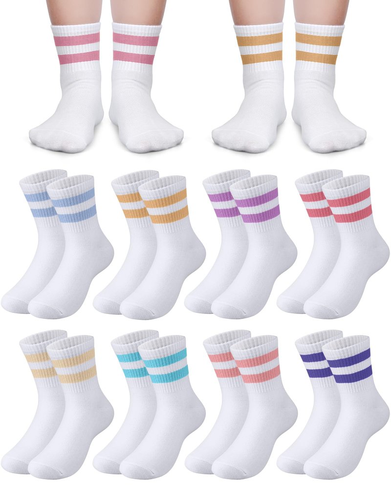 Halfchet 8 Pairs Kids Stripe Socks Cotton Crew Socks Colorful Retro Stripe Athletic Hosiery for School Kids (Soft Colors,Small)