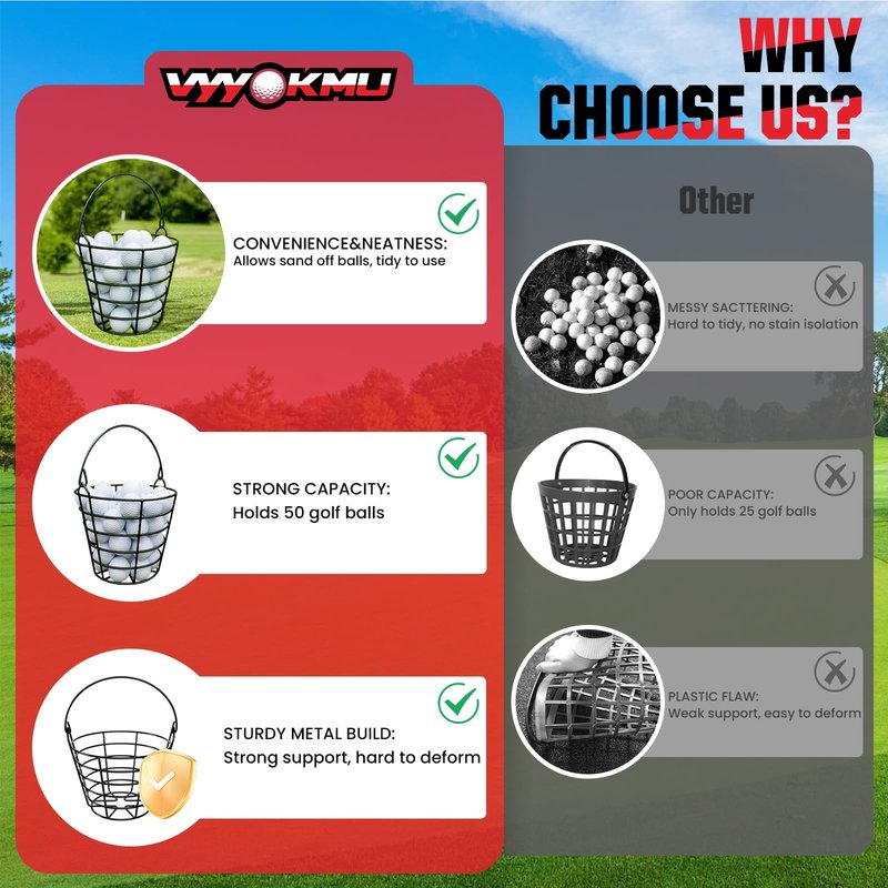 VYYOKMU Mental Golf Ball Basket with Handle, 2 Pack Golf Ball Buckets, Stainless Bucket of Golf Balls, Holds 50 Balls of Golf Ball Holder, Portable Metal Baskets for Storage for Golf Cart Accessories