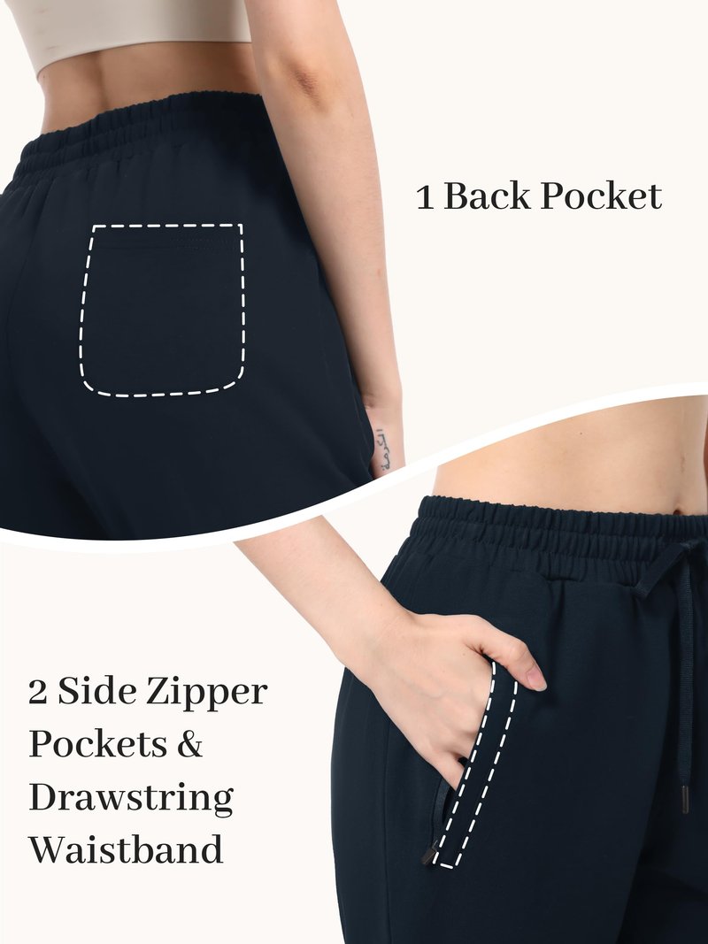 Tapata Women's 26" Short Inseam Sweatpants Cotton Lounge Yoga Pants Casual Open Bottom Workout Zipper Pocket Joggers, Navy Blue, M