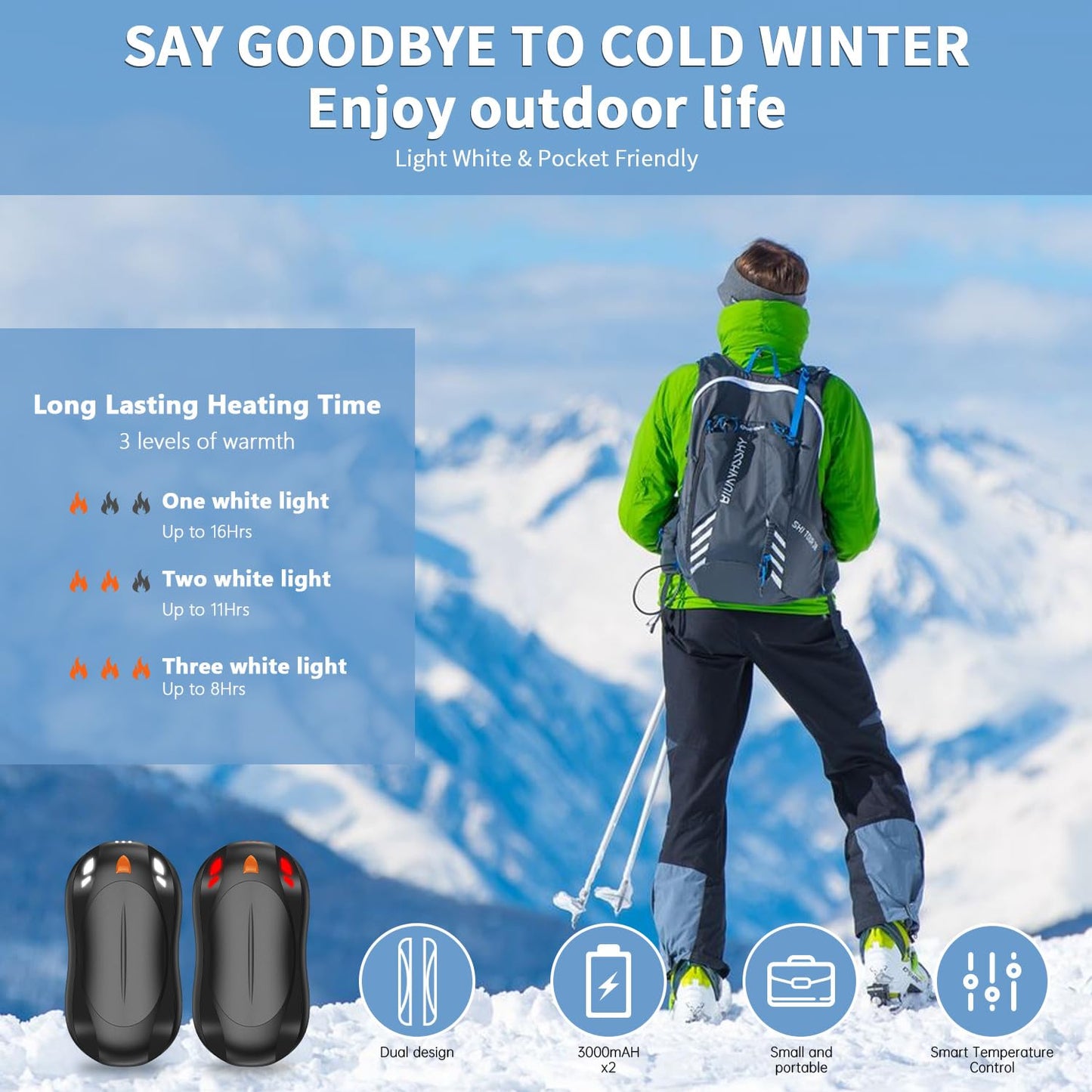 Cbroer 2 Pack Hand Warmers Rechargeable, 6000mAh AI Smart Chips Hand Warmers, Long Lasting Portable Heater for Christmas Xmas, Golf, Hunting Gear, Camping Accessories (Black, Normal)