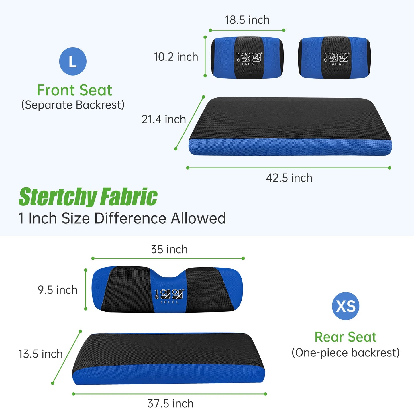 10L0L Golf Cart Front Rear Seat Covers for Yamaha G2 G14 G16 G19 G22, Club Car DS pre-2000, Tomberlin Emerge, EZGO Marathon, Made w/ 3D Air Mesh Polyester Fabric Breathable Washable - Blue and Black