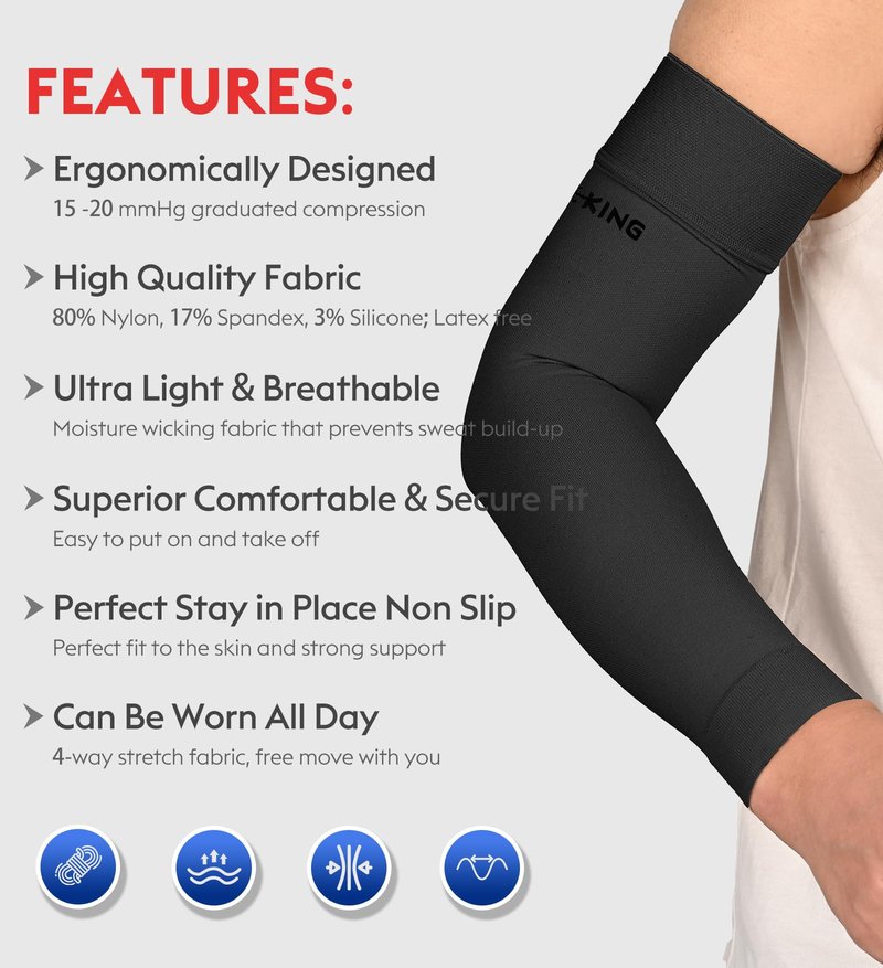 KEKING® Lymphedema Compression Arm Sleeves with Silicone Band for Men Women (Pair), 15-20 mmHg Compression Full Arm Support for Lipedema, Edema, Post Surgery Recovery, Swelling, Pain Relief, Black L