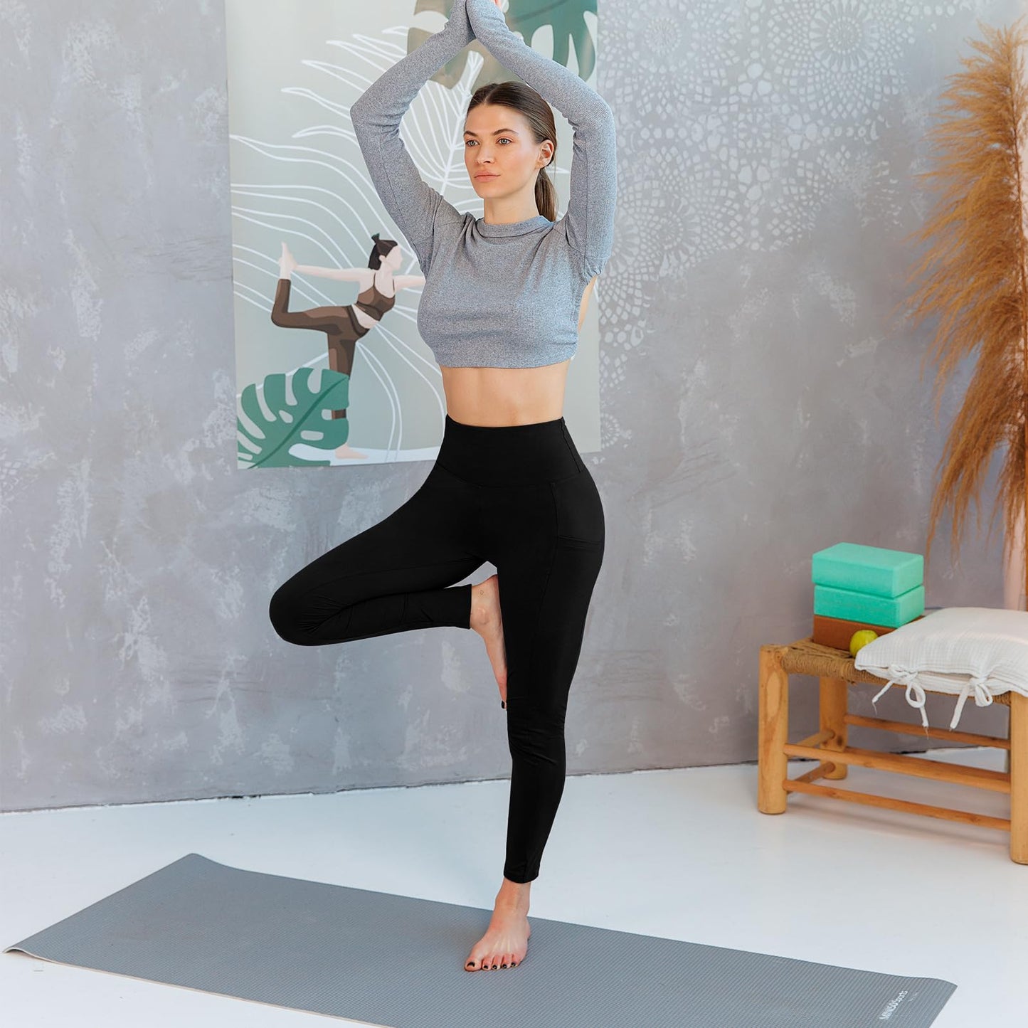 Leafigure 2 Pack Leggings with Pockets for Women, High Waisted Soft Leggings for Yoga Gym Black/Grey LXL