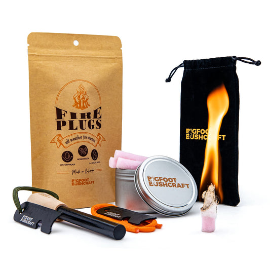 Bigfoot Bushcraft Complete Emergency Fire Starter Kit - Waterproof, Windproof, 5+ Minute Burn - Includes 80 Fire Plugs, Compact Travel Tin, and Extra Thick Ferro Rod Set