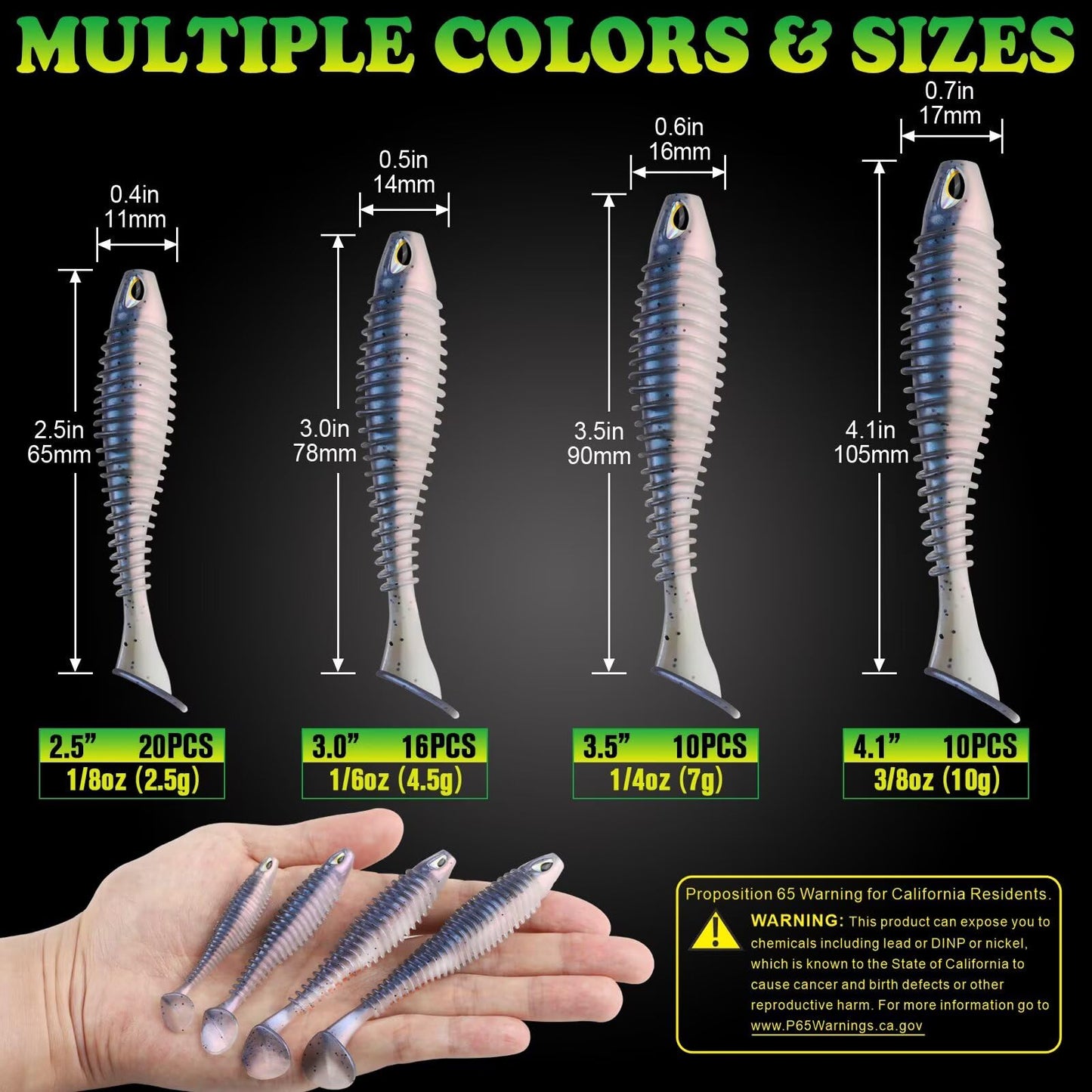 LUCKYFISHING Paddle Tail Swimbaits 10 PCS Fishing Lures Soft Plastic Lures for Trout Crappie Walleye Soft Baits for Bass Fishing Freshwater Saltwater 4.1 Inch