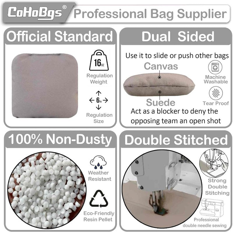 Professional Cornhole Bags Set of 8 - Dual-Sided Slick & Stick Resin-Filled Suede & Duck Canvas | Includes Carry Case