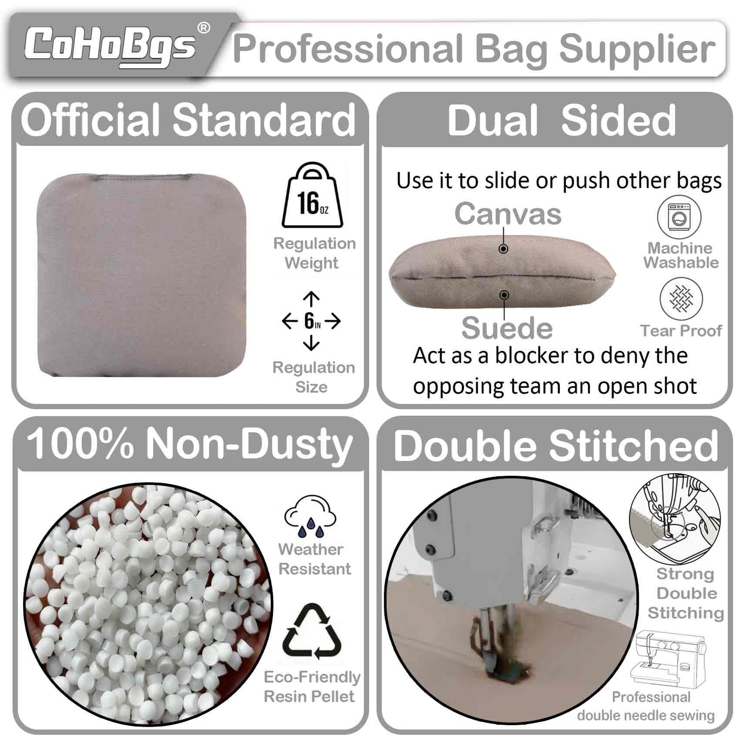 CoHoBgs Corn Hole Bags Set 8, Professional Cornhole Bags Dual-Sided Slick & Stick Resin Filled Suede and Duck Canvas Bean Bag for Cornhole Game Includes Carry Case