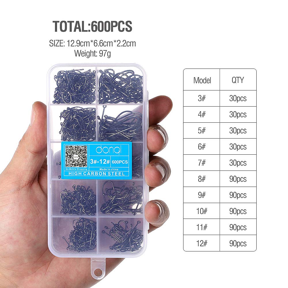 DONQL Bait Holder Hooks, 600Pcs Double Barbed Fishing Hooks 3#-12# Carp Single Fish Hook Kit Fly Fishing Accessories Carbon Steel Jig Sea Hooks for Live Bait Freshwater Saltwater (600PCS)