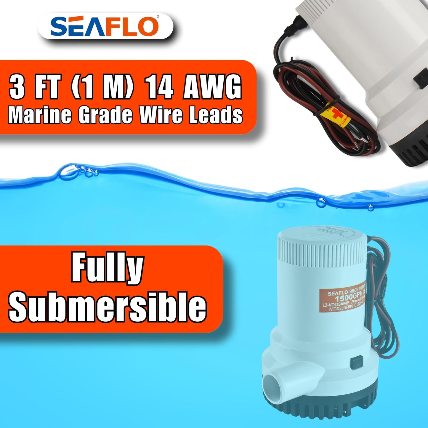 SEAFLO 01 Series 1500 GPH Bilge Pump – 12V, 1-1/8" Outlet, Marine Submersible Pump with Anti-Airlock Protection, CE & Rohs Certified, 4-Year Warranty | Reliable for Boats and Marine Applications