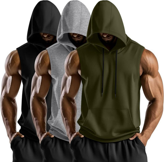 Men's Hooded Tank Tops - 3 Pack Workout Sleeveless Gym Hoodies for Bodybuilding | Comfortable Fit