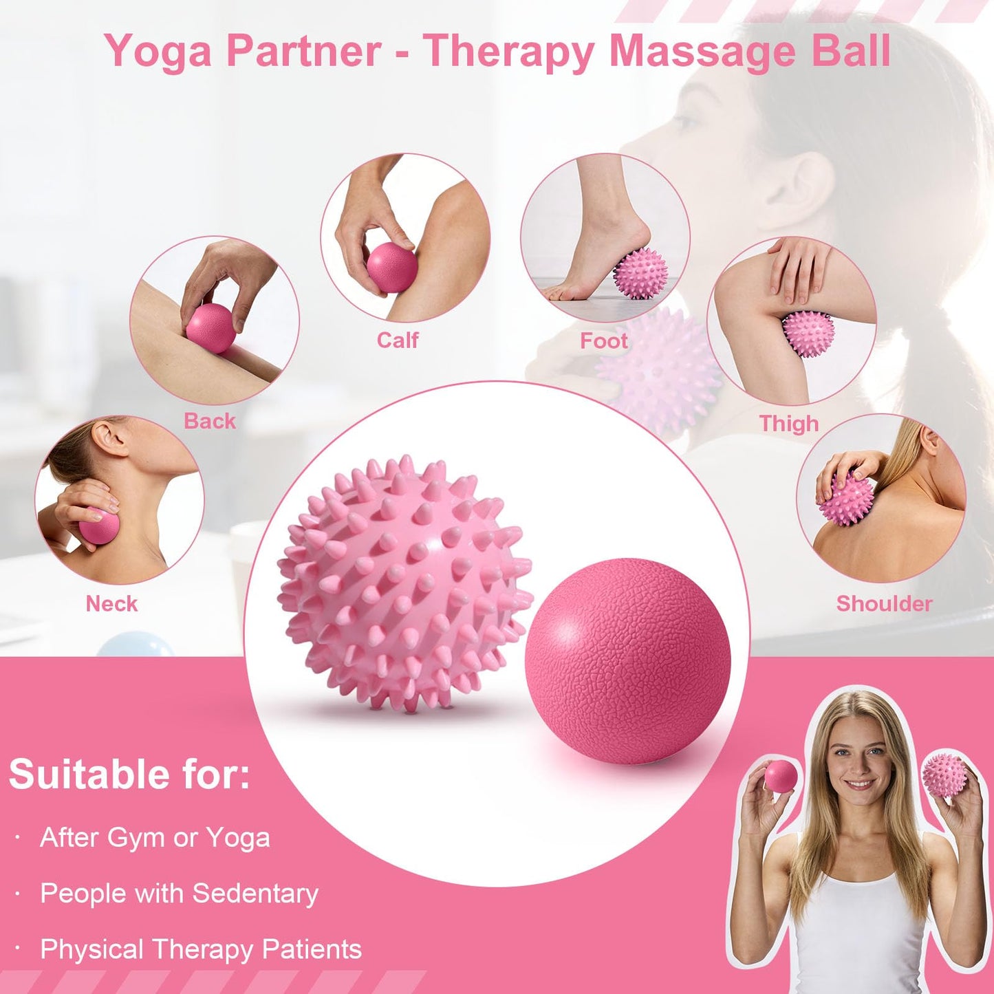 4Pcs Yoga Ball Set includes Large and 9in Pilates Balls, Massage & Spiky Ball for Fitness ,Anti-Burst Exercise Ball with Pumb for Pregnancy,Physical Therapy,Office Chair, Home Workout,3Sizes,Pink