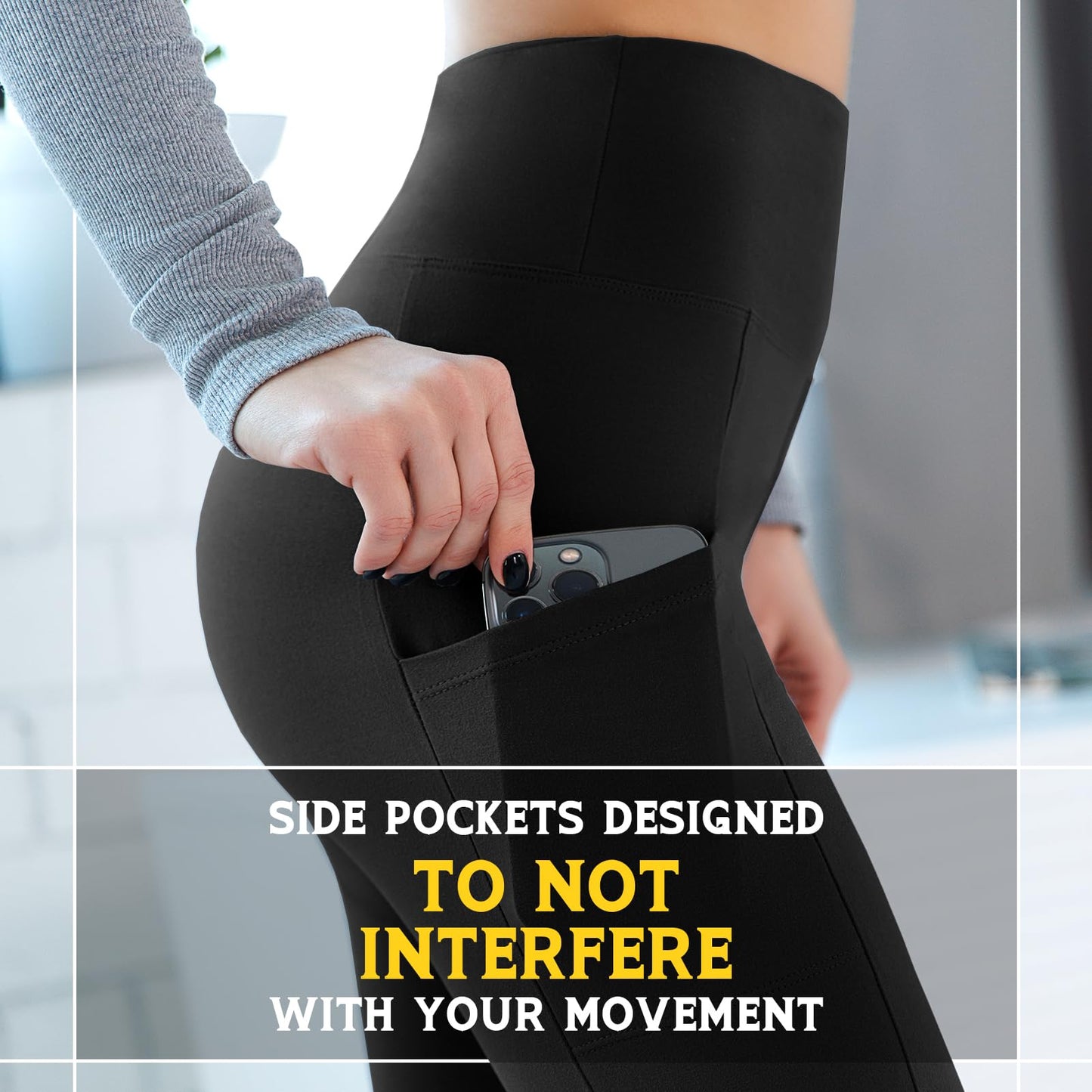 Leggings with Pockets for Women 3 Pack, High Waist Womens Leggings (Black/Grey/Navy SM)