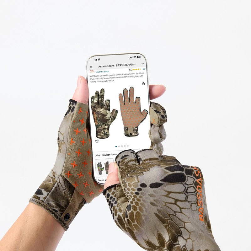 BASSDASH Unisex Fingerless Fleece Liner Camo Hunting Gloves for Cold Weather UPF 50+ Lightweight Fishing Photography HG06