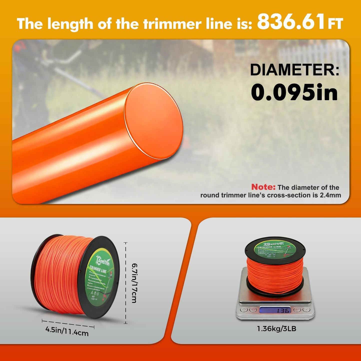 AretiTrin 095 String Trimmer Line,Round Orange Heavy Duty Weed Eater String, Premium Nylon Universal 0.095" Diameter x 3LB -837ft for Lawn Edging & Thick Weeds