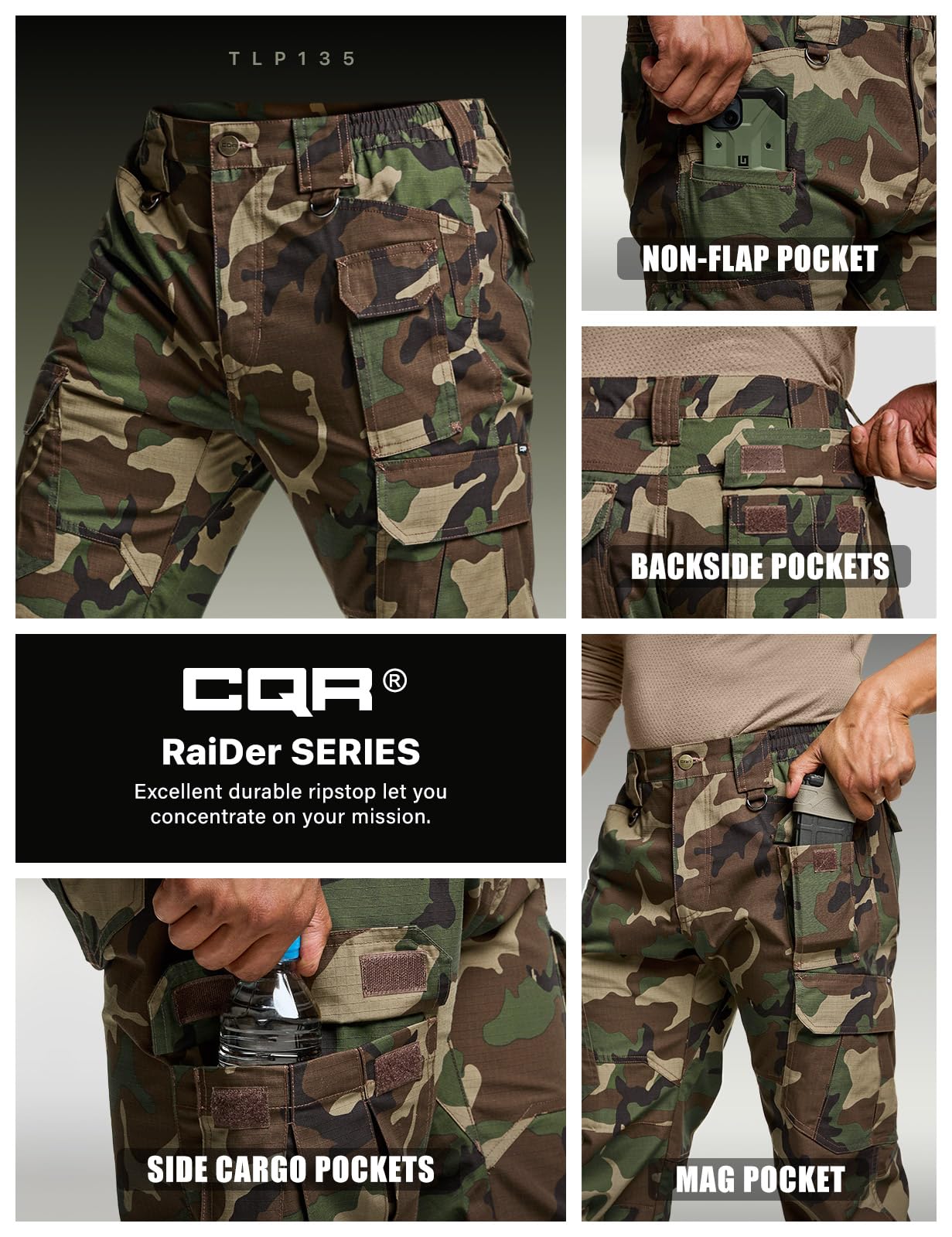CQR Men's Tactical Pants, Water Resistant Ripstop Cargo Pants, Lightweight EDC Work Hiking Pants, Outdoor Apparel, Duratex Mag Pocket Print Woodland Camo, 28W x 30L