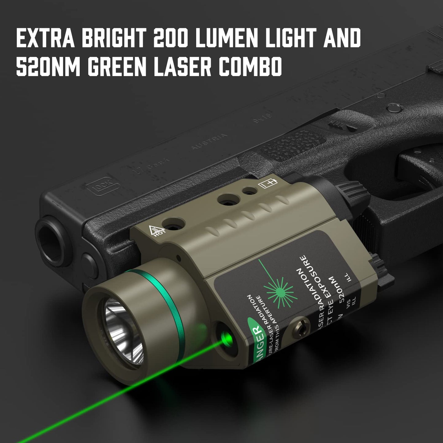 Feyachi LF-58 Green Laser Tactical Light Combo 200 Lumen LED Flashlight Laser with Picatinny Rail Mount for Pistol Handgun Rifle(Sand)