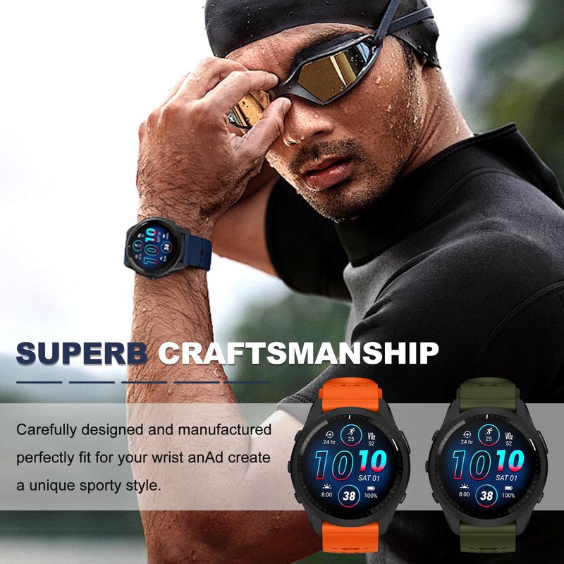 OVERSTEP Watch Band for Garmin Forerunner 245/Forerunner 645/Forerunner 55/Vivoactive 3/Vivoactive 5/Venu SQ/Venu 2 Plus, 20mm Quick Release Silicone Replacement Band (Sapphire Black)