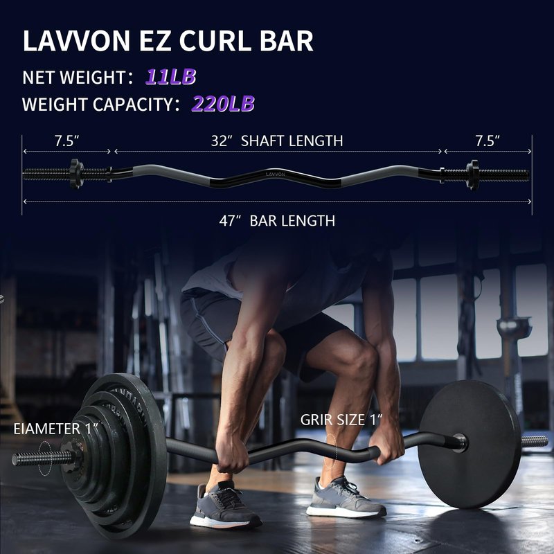 47" EZ Curl Bar Weight Lifting Bar, 1-inch Curling Bars for Weight lifting, Barbell bar for Hip Thrusts/Squats/Lunges for Gym and Home, With 2 Star Double Risk T-nuts (220lb Weight Capacity) (Black)