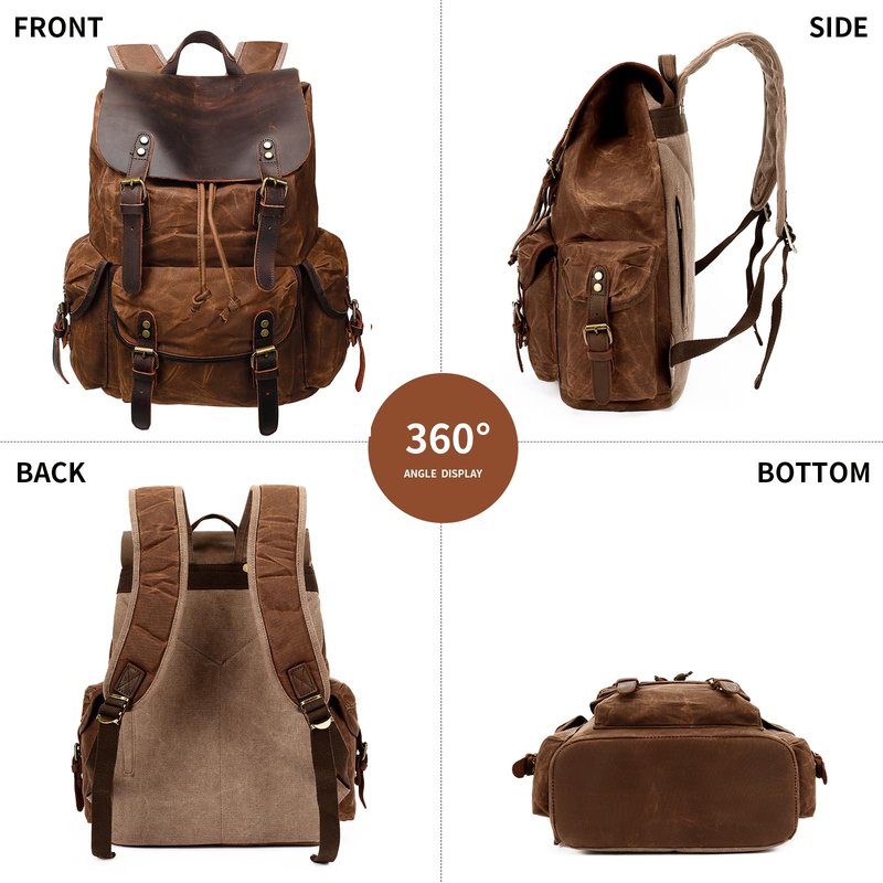 HuaChen Vintage Waxed Canvas Backpack with Genuine Leather Flap, Travel & Work Rucksack, Water-Resistant Daypack with Anti-Theft Pocket, Large (15.6"), M80 Brown