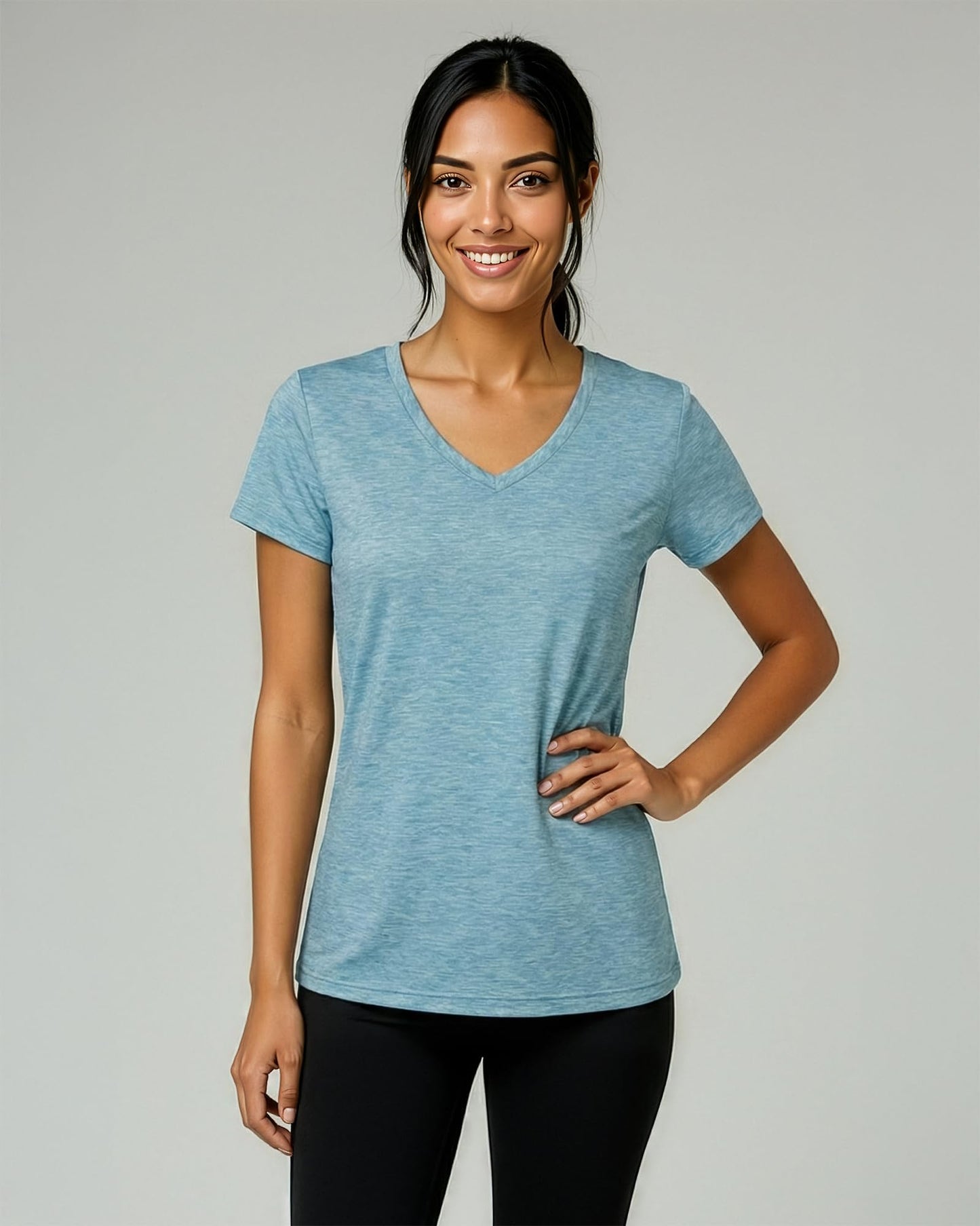 Real Essentials 5 Pack: Women's Dry-Fit Short Sleeve V Neck T Shirt Workout Fitness Yoga Top Tee, Set 1, XL