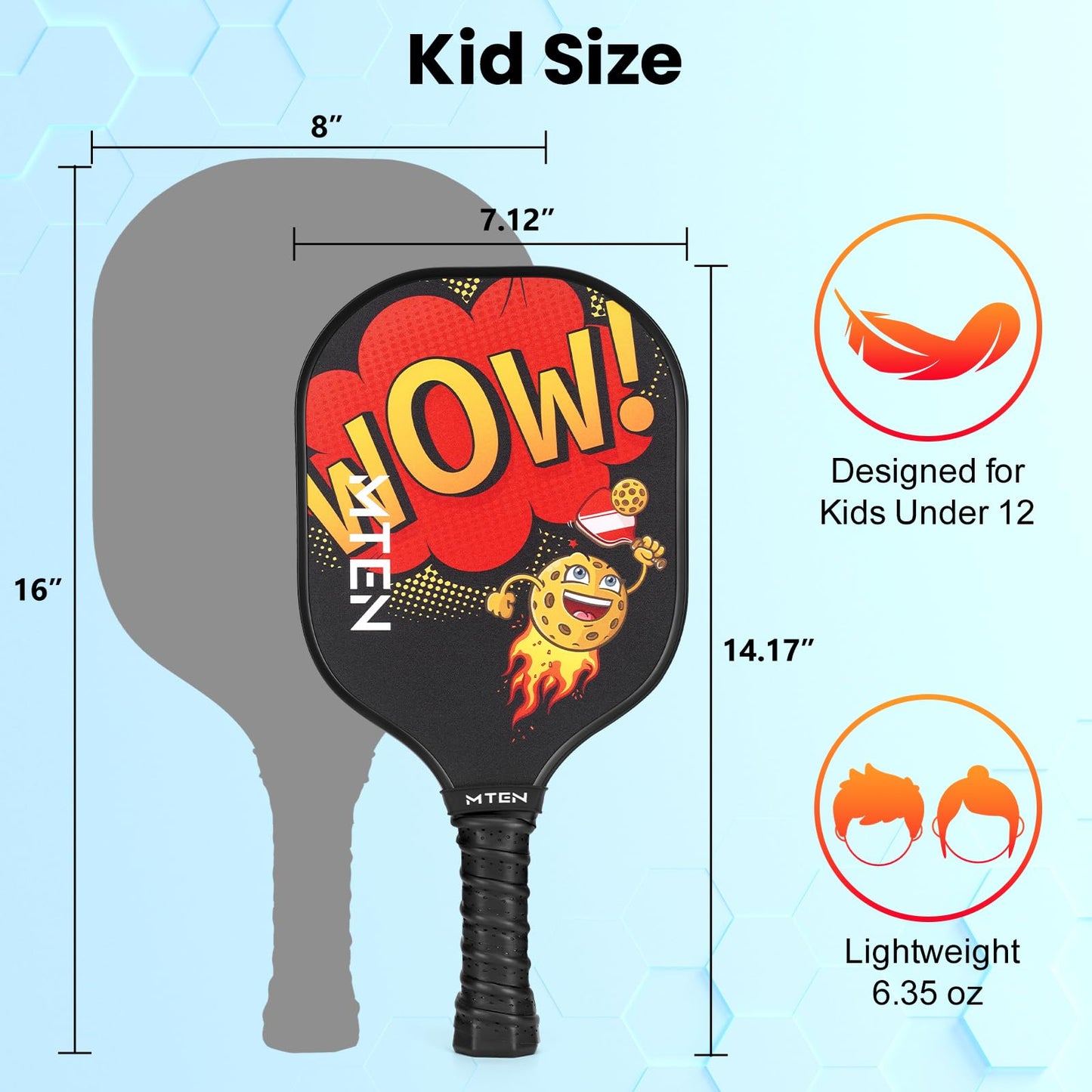 MTEN Pickleball Paddle for Kids, Fiberglass Surface Pickleball Padlles Set of 2,Child Size for Children 12 and Above, Pickleball Paddle & Drawstring Bag （Wow）