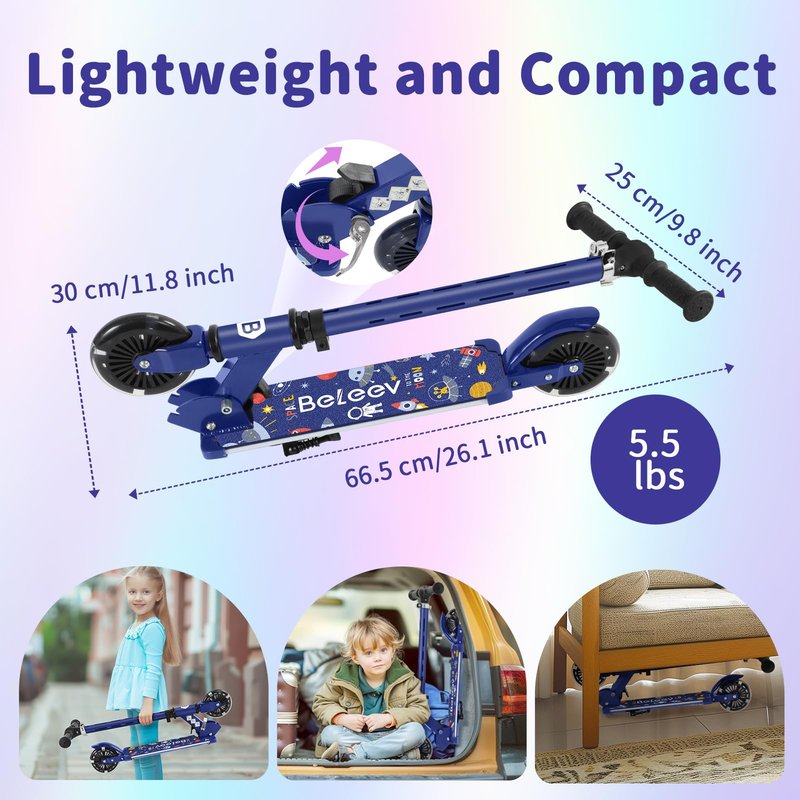 BELEEV Scooters for Kids with Light-Up Wheels & Stem & Deck, 2 Wheel Folding Scooter for Girls Boys, 4 Adjustable Height, Lightweight Kick Scooter with Kickstand for Children Ages 3-12 (Blue)