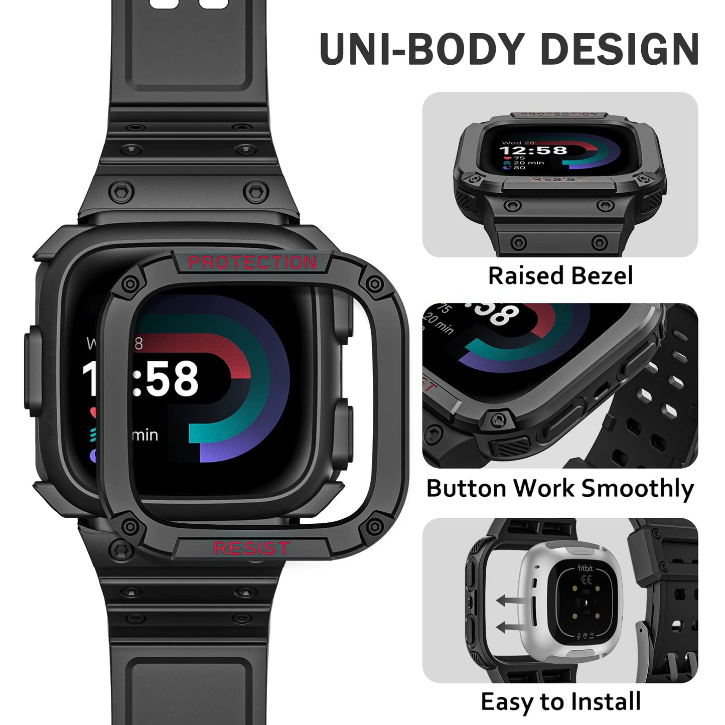 Fintie Bands with Case Compatible with Fitbit Versa 4/3/2/1/Versa Lite/Fitbit Sense 2/Sense, Protective Case Strap Rugged Sport Band Men, Black