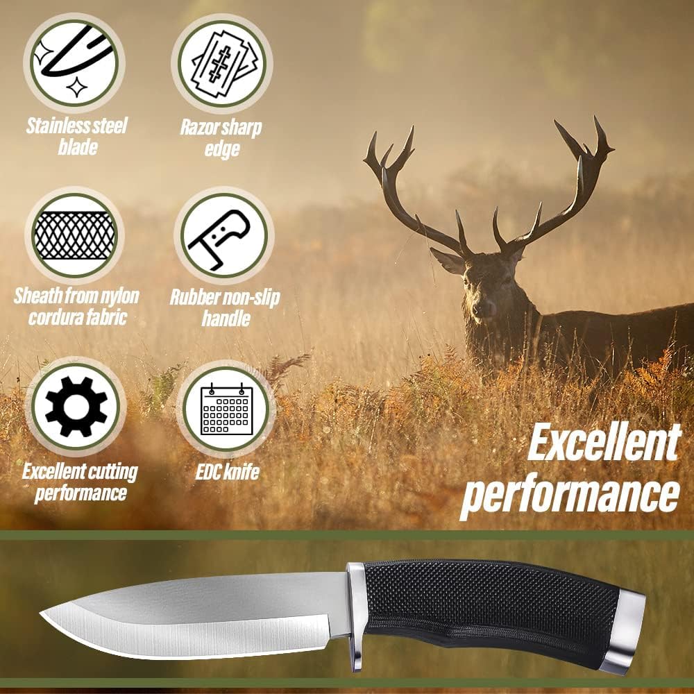 Hunting Knife with Sheath Survival Knives for Men - Best Tactical Camping Hunting Hiking Knife - Bushcraft Field Gear Accessories Tool - Fixed Blade Sharp Knofe with Rubber Handle for Men 148109