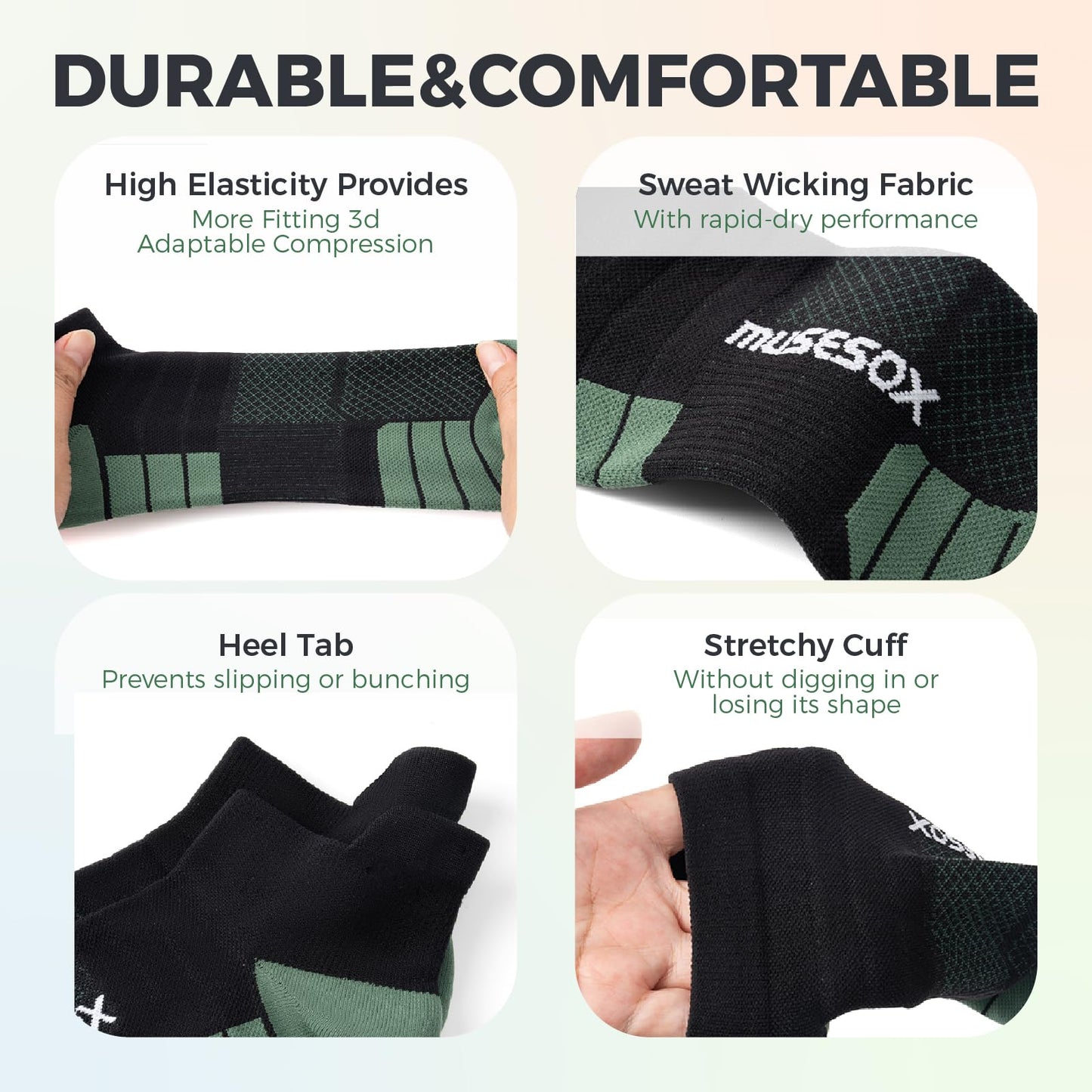 musesox Ankle Compression Socks for Women and Men,Low Cut Compression Running Socks with Arch Support(6 Pairs) Best for Sports,Workout,Travel,Daily,Black,White,Gray,Unisex,Large