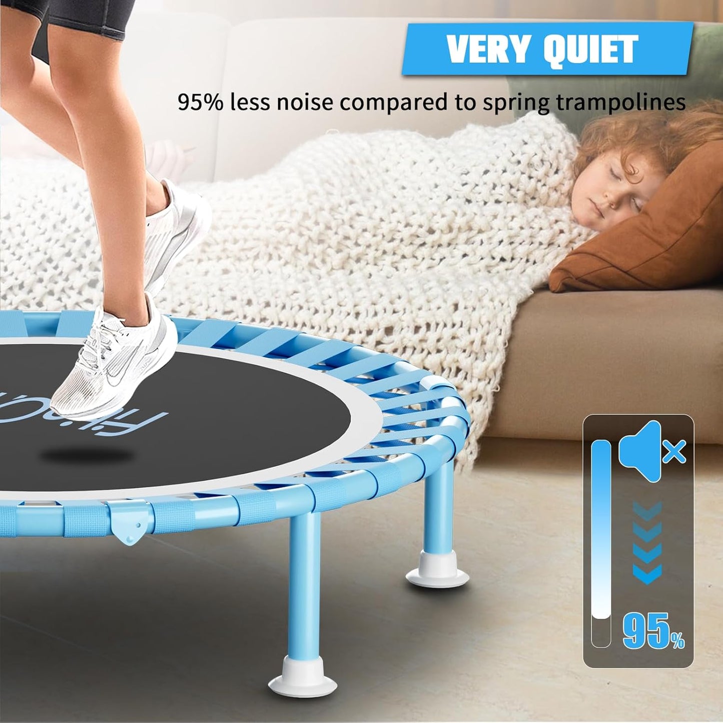 Fitness Mini Trampoline - 40” Adjustable Handle Bar, 330lbs Capacity | Foldable Bungee Rebounder for Indoor Exercise