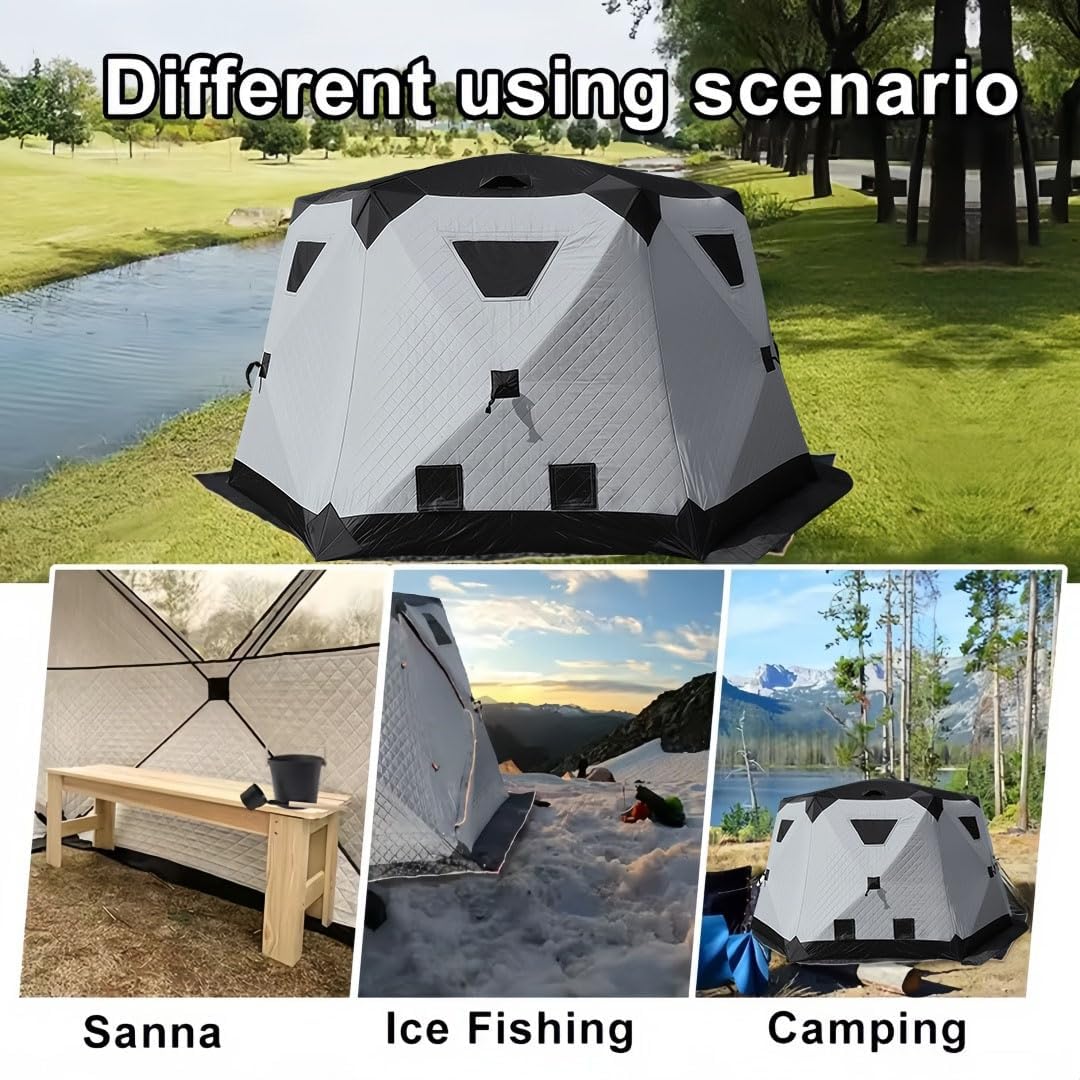 Quick-Opening ice Fishing Tent, 420D Hexagonal Insulated Tent, Accommodates 6-8 People; Portable ICES Grey ice Fishing hut with Stove and Chimney Floor, Ideal for ice Fishing and Winter Camping