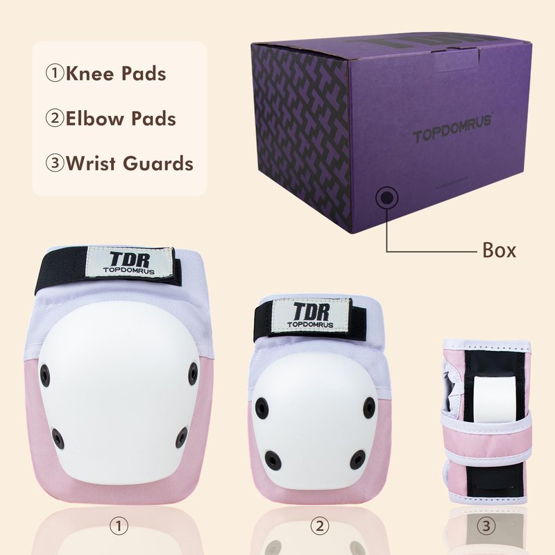 TOPDOMRUS Skateboard Knee Pads & Elbow Pads for Kids - Roller Skating Protective Gear Set (Red/White, X-Small)