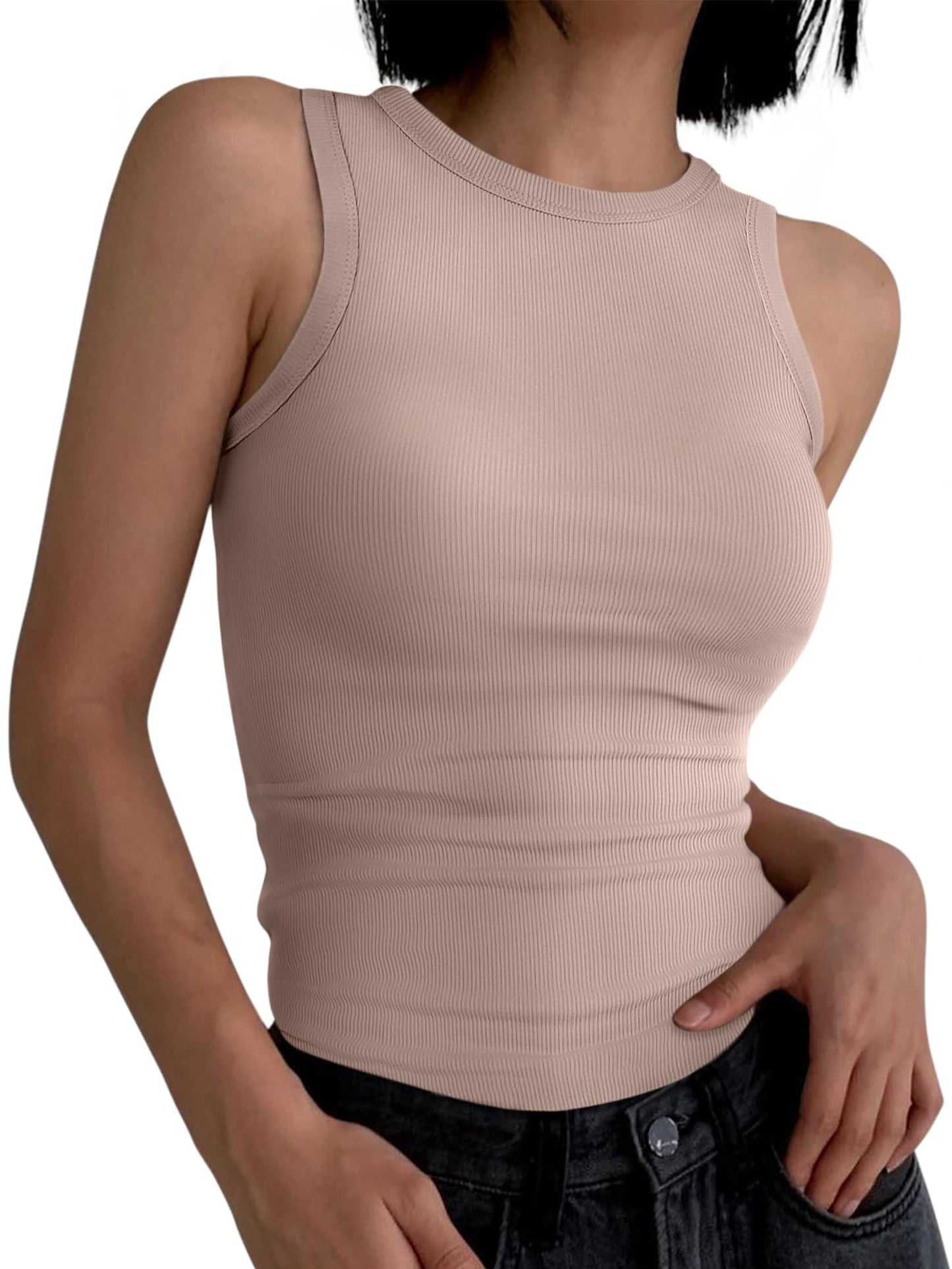 ANRABESS Womens Sleeveless High Neck Tank Tops Fashion Summer Casual Basic Slim Fit Ribbed Racerback Top Shirt Clothes Khaki X-Large