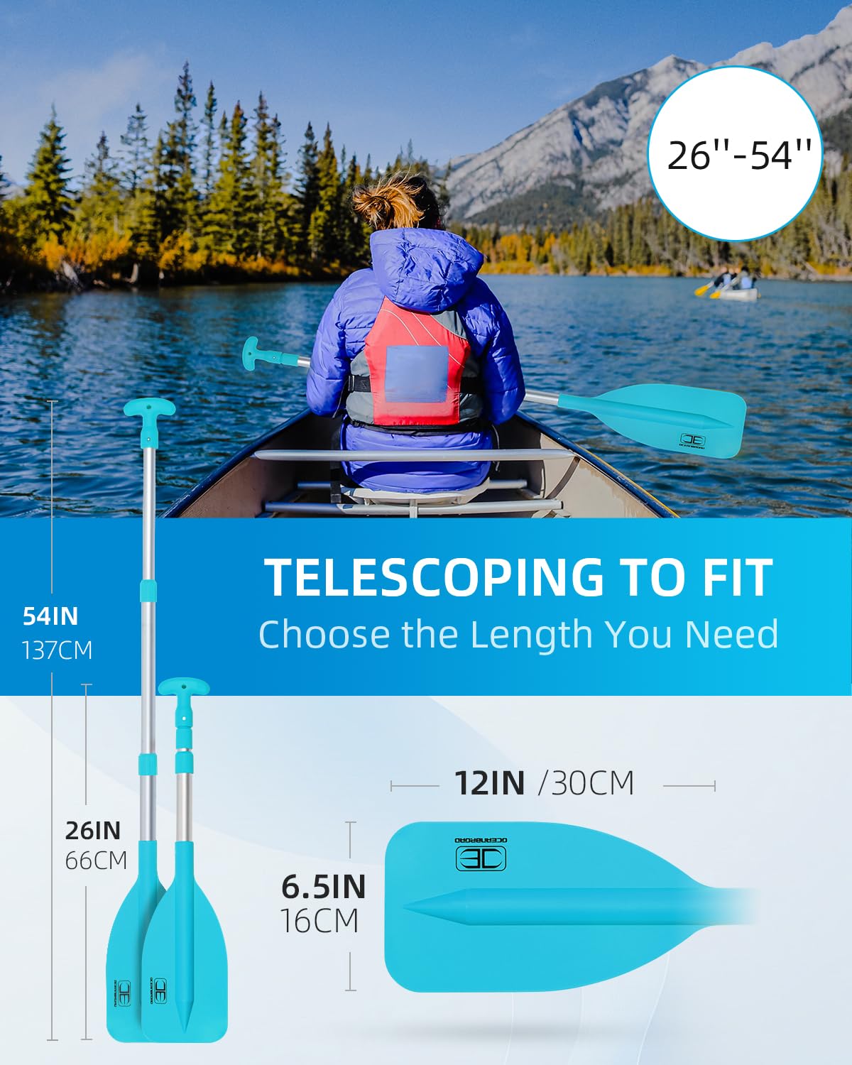 OCEANBROAD Telescoping Emergency Paddle 21''-42''（Assembling Required） Collapsible Paddles Aluminium Shaft for Kayaking Boating Canoeing River Tubing, Blue, 2 Paddles