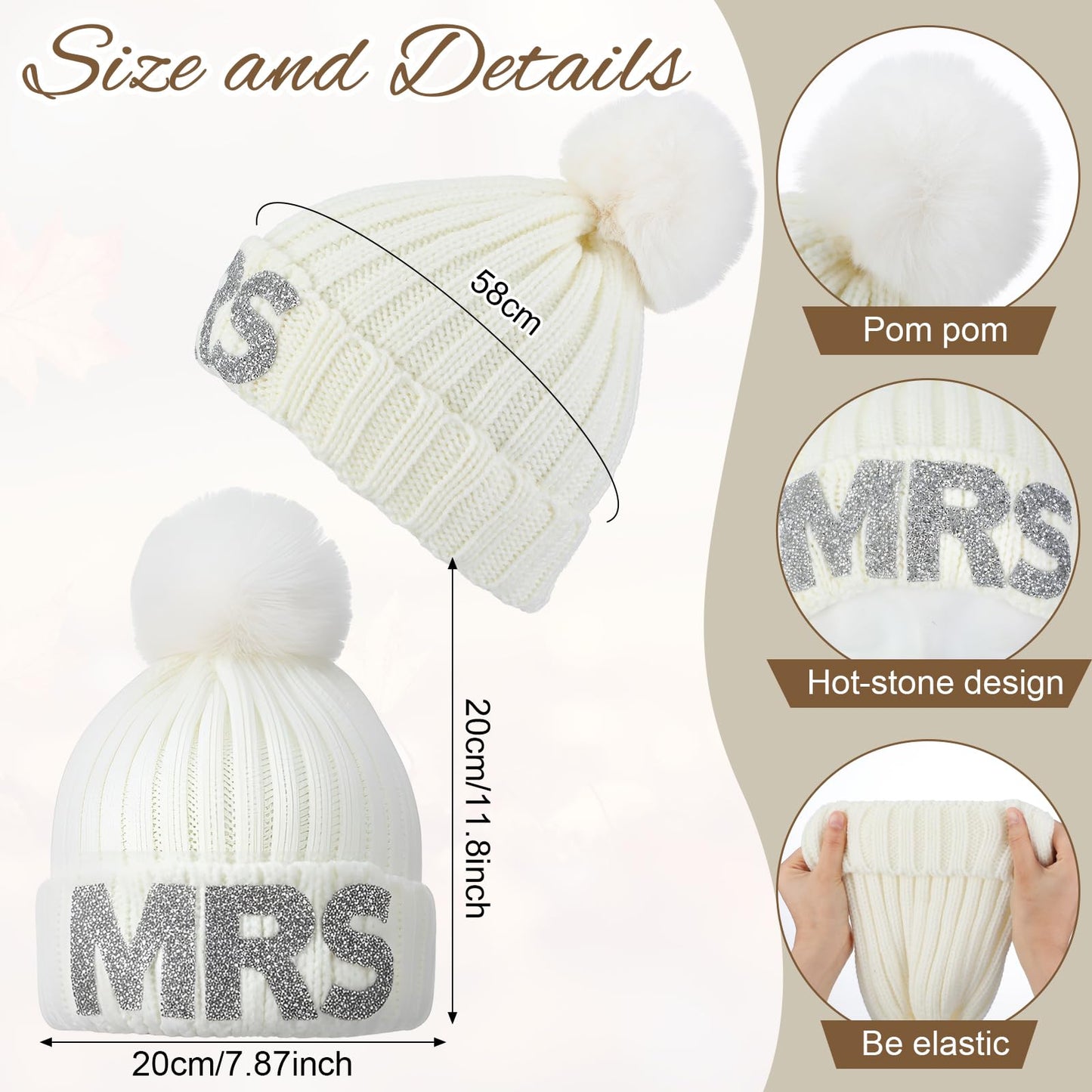Shihanee Rhinestone Mrs Knitted Beanie Hat with Faux Fur Pom White Bride and Bridesmaid Beanie Warm Soft Womens Winter Hat for Bachelorette Parties Bridal Shower Bride to Be Gift