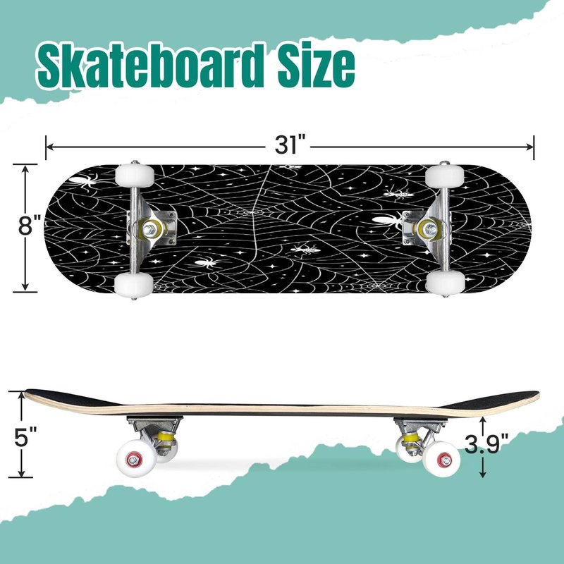 EFTOWEL Skateboards Black Spider Web Seamless Pattern with White Spiders Vector Seamless Classic Concave Skateboard Cool Stuff Teen Gifts Longboard Extreme Sports for Beginners and Professionals