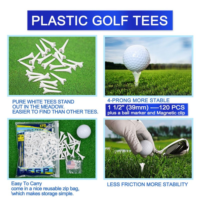 1 1/2'' Plastic Golf Tees – Short Tees for Irons, Par Threes, Hybrids, and Driving Range - Pack of 120 Bulk 4 Prongs Plastic Golf Tees Performance Series Low Resistance Golf Tee White