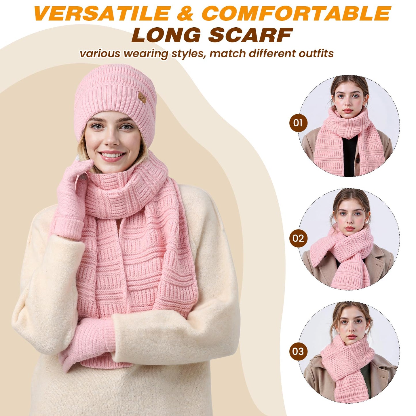 Pleneal Winter Womens Beanie Hat Scarf Gloves Set, Slouchy Beanie Knit Scarf Touchscreen Gloves Warm 3 Gift Set