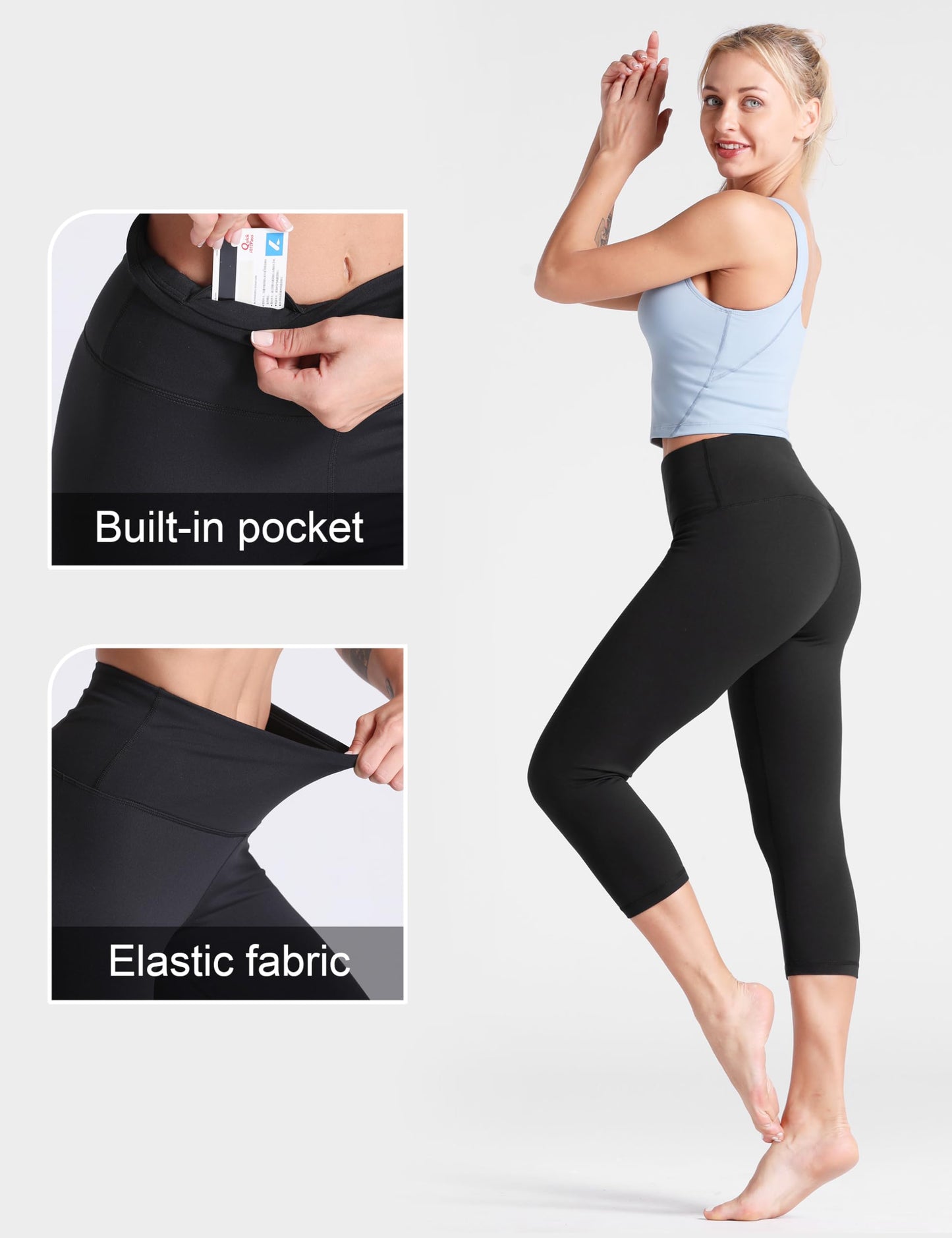 THE GYM PEOPLE Women's High Waist Workout Legging Soft Tummy Control Squat Proof Yoga Running Pants Capris Black