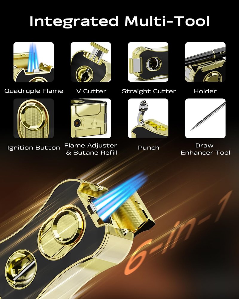 6-in-1 Quad Torch Lighter with Holder, V & Straight Cutter, Punch, Draw Enhancer Tool, Gifts for Men, Flame Adjustable, Refillable Butane Torch Lighter, Multi-use Accessories for Outdoors