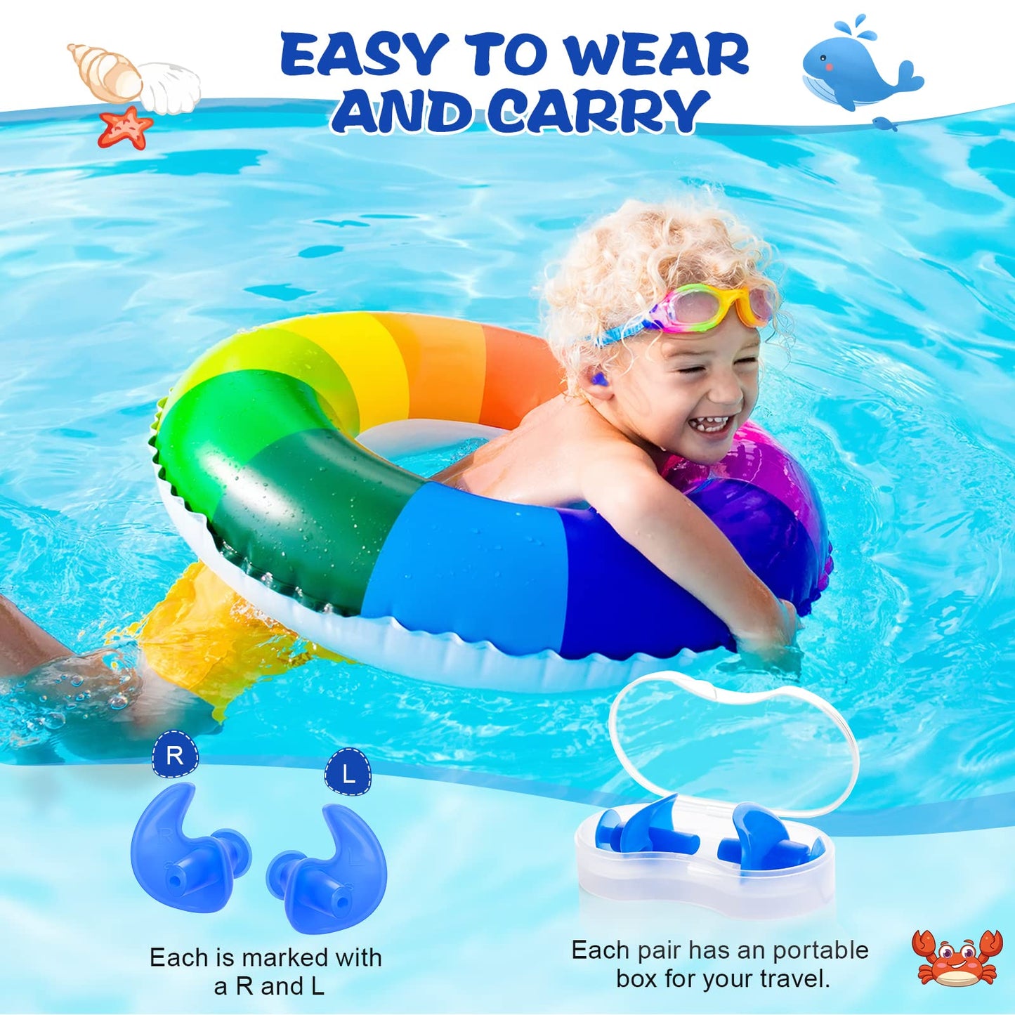 Hearprotek Swimming Ear Plugs, 3 Pairs Soft Waterproof Reusable Ear Plugs for Swimming Showering Bathing and Other Water Sports Suitable for 6+ Kids(Blue/Orange/Purple)