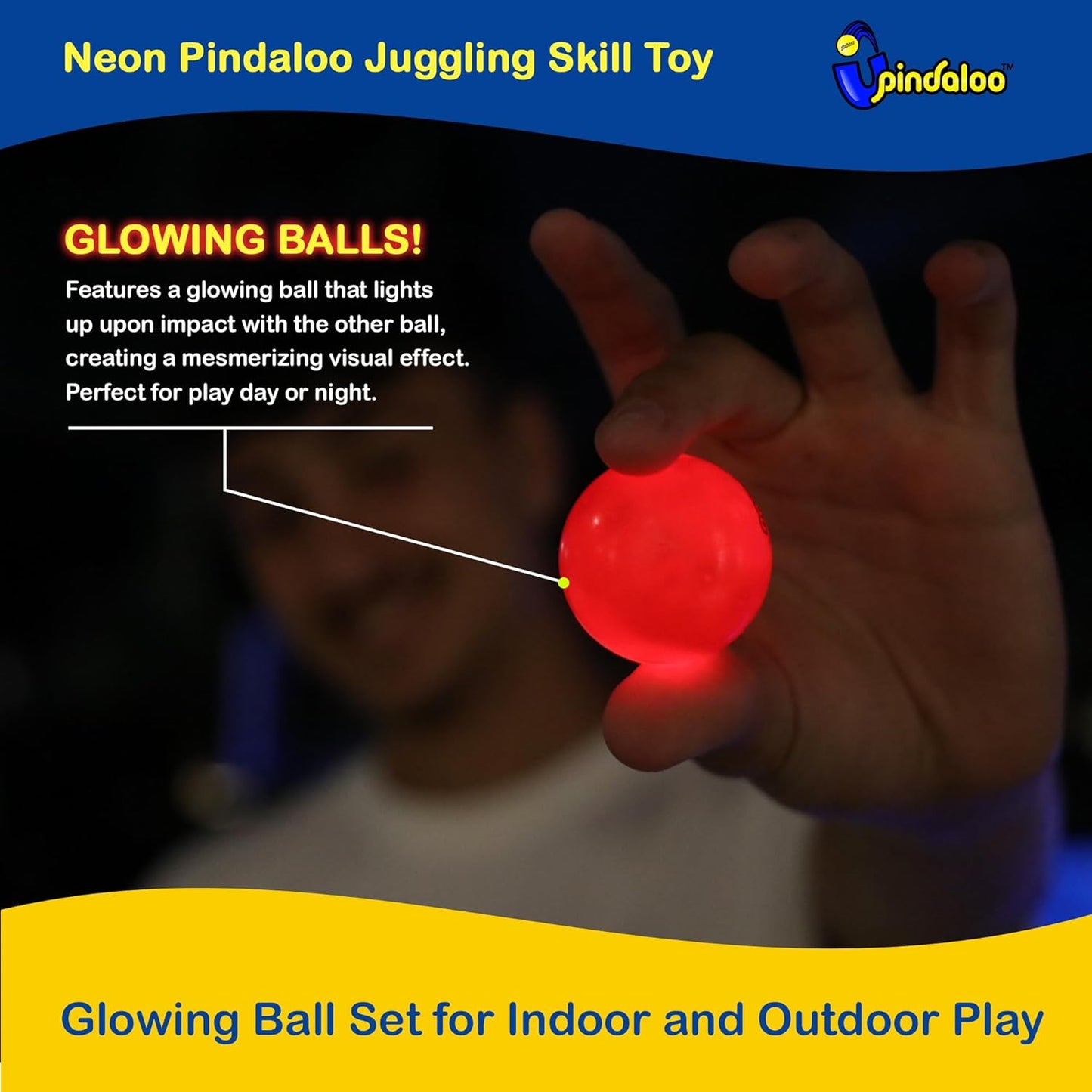 Pindaloo Original LED Light Neon Skill Game - Develop Motor Skills | 2 Balls Included, Indoor & Outdoor Fun