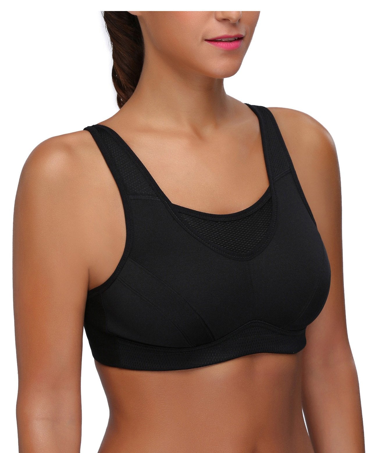 Wingslove Women's Full Coverage High Impact Wirefree Workout Non Padded Sports Bra Bounce Control (Black,38DD)