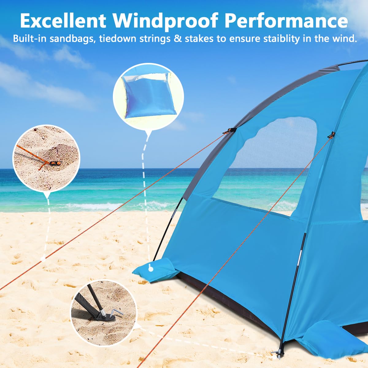 NXONE Beach Tent Sun Shade Shelter for 2-3 Person with UV Protection, Extended Floor, 3 Mesh Roll Up Windows & 8.0mm Fiberglass Rods丨Carry Bag Included (Sky Blue)